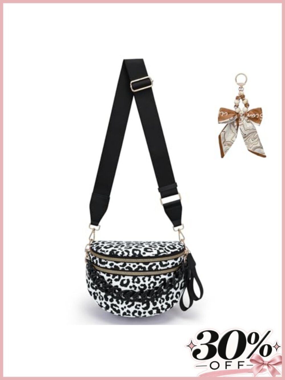 Leopard Print Nylon Crossbody Bag with Bow and Chain - Double Zip Fanny Pack